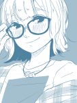  1girl adjusting_eyewear blue_background blush closed_mouth commentary_request dice_necklace glasses highres kashikaze looking_at_viewer medium_hair monochrome real_life saitou_shuka shirt single_off_shoulder solo upper_body voice_actor 