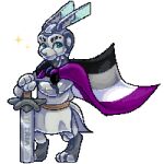  2023 alpha_channel android anthro asexual_pride_colors asexual_symbol belt cape clothed clothing digital_media_(artwork) flag_cape fully_clothed hand_on_sword justice_(miwauturu) lagomorph leporid lgbt_pride looking_at_viewer machine male mammal melee_weapon pixel_(artwork) pride_colors rabbit robot simple_background smaller_version_at_source softbitez solo standing star_symbol sword tabard transparent_background weapon 