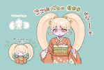  1girl :o angry bird blonde_hair blush_stickers bow broken_egg cat_hair_ornament chibi chicken cropped_torso danganronpa_(series) danganronpa_2:_goodbye_despair green_bow hair_bow hair_ornament highres japanese_clothes kimono long_sleeves multiple_views obi orange_eyes orange_kimono saionji_hiyoko sash twintails u_u_(16557) v-shaped_eyes wide_sleeves 