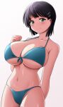  1girl bikini black_hair blue_bikini breasts collarbone green_eyes hair_between_eyes hair_ornament hairclip highres kirigaya_suguha large_breasts looking_at_viewer navel short_hair simple_background smile solo steam_erobou swimsuit sword_art_online 