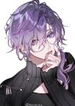  1boy clothing_cutout ear_piercing eyewear_strap glasses hair_between_eyes hair_over_shoulder head_tilt heterochromia kanishiima long_sleeves looking_at_viewer male_focus medium_hair multicolored_hair nijisanji nijisanji_en piercing pink_eyes purple_eyes purple_hair round_eyewear semi-rimless_eyewear uki_violeta under-rim_eyewear upper_body virtual_youtuber white_background 