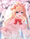  1girl :d absurdres blonde_hair blue_eyes blurry blurry_background bow bowtie capelet cherry_blossoms commentary dress fairy_wings hair_bow hat hatsu_shiki highres lily_white long_hair long_sleeves looking_at_viewer open_mouth red_bow red_bowtie smile solo touhou upper_body white_capelet white_dress white_headwear wide_sleeves wings 