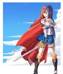  1girl alear_(female)_(fire_emblem) alear_(fire_emblem) armor blue_hair breasts cape cloud cloudy_sky commentary_request crossed_bangs fire_emblem fire_emblem_engage garter_straps hand_on_own_chest heterochromia highres holding holding_sword holding_weapon long_hair looking_to_the_side medium_breasts multicolored_hair red_cape red_hair revvie sky solo standing sword two-tone_hair weapon 