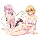  2girls abs alternate_costume arm_support ass back barefoot bikini black_bikini black_hairband blonde_hair blush breasts closed_mouth commentary_request frown full_body green_eyes hair_between_eyes hair_ornament hairband halterneck hand_on_own_chin hand_up head_tilt heart heart_hair_ornament komeiji_satori large_breasts long_bangs looking_at_another looking_at_viewer mizuhashi_parsee multiple_girls navel nose_blush ootsuki_wataru open_mouth pink_eyes pink_hair pointy_ears shiny_skin short_hair side-tie_bikini_bottom simple_background sitting smile swimsuit thighs third_eye touhou untied_bikini white_background white_bikini 