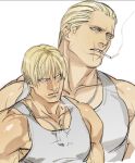  blonde_eyebrows blonde_hair blue_eyes chain cigarette dog_tags grey_shirt highres jack_krauser large_pectorals multiple_scars muscular muscular_male pectorals scar shirt short_hair smoking tank_top tatsumi_(psmhbpiuczn) 