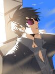  1boy black_hair cigarette floating_hair grey_jacket grey_shirt holding jacket looking_to_the_side looking_up male_focus nicholas_d._wolfwood profile raine_(acke2445) shirt short_hair sky solo sunglasses trigun upper_body wind 