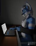  3d_(artwork) anthro canid computer digital_media_(artwork) laptop male mammal solo upset wounded 