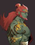  1boy bara bare_pectorals beard facial_hair from_side ganondorf huge_eyebrows jewelry kukumomo large_pectorals long_hair looking_to_the_side male_focus mature_male midriff_sarashi muscular muscular_male official_alternate_costume pectorals ponytail red_hair sarashi shoulder_tattoo solo tattoo the_legend_of_zelda the_legend_of_zelda:_tears_of_the_kingdom upper_body 