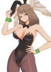  1girl absurdres alternate_costume animal_ears ass_visible_through_thighs black_leotard blue_eyes blue_pupils bow bowtie breast_tattoo breasts brown_hair cleavage commentary_request covered_navel detached_collar eunie_(xenoblade) fake_animal_ears fake_tail grumpy hand_on_own_hip head_wings highleg highleg_leotard highres large_breasts leotard long_hair looking_at_viewer pantyhose playboy_bunny rabbit_ears rabbit_tail solo strapless strapless_leotard tail tattoo white_background white_wings wings wrist_cuffs xenoblade_chronicles_(series) xenoblade_chronicles_3 zelc-face 