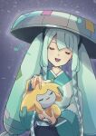  1girl absurdres aqua_hair closed_eyes daua_history eighth_note grey_headwear hat hatsune_miku highres holding holding_pokemon japanese_clothes jirachi kimono long_hair musical_note open_mouth pokemon pokemon_(creature) project_voltage purple_background sandogasa smile solo steel_miku_(project_voltage) tanzaku teeth twintails upper_teeth_only very_long_hair vocaloid white_kimono 