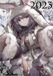  1girl animal_ears bow brown_coat brown_hair carrot coat dated ear_piercing food-themed_weapon fur-trimmed_hood fur-trimmed_sleeves fur_trim hood medium_hair nengajou new_year piercing rabbit rabbit_ears red_eyes rinko_(mg54) shield wide_sleeves 