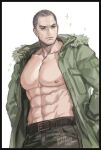  1boy abs bara beard_stubble character_request coat cowboy_shot eyebrow_cut highres large_pectorals le_li_an looking_ahead male_focus mature_male muscular muscular_male mustache_stubble navel nipples old old_man open_clothes open_coat pectorals ryuu_ga_gotoku_(series) short_hair solo sparkling_aura sparse_stubble stomach thick_eyebrows wrinkled_skin 