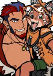  2boys bara bare_pectorals character_request crave_saga dark-skinned_male dark_skin earrings fox_boy furry furry_male grin jewelry large_pectorals looking_at_viewer male_focus masa_(mshk_s) mature_male multicolored_hair multiple_boys muscular muscular_male nipples pectorals red_hair sanpaku short_hair smile thick_eyebrows two-tone_beard two-tone_hair 