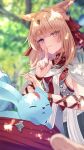  1girl animal_ears blonde_hair blurry blurry_background blurry_foreground blush carbuncle_(final_fantasy) cat_ears cat_tail cloak earrings eyes_visible_through_hair final_fantasy final_fantasy_xiv finger_to_mouth heterochromia highres index_finger_raised jewelry khr_39 long_hair looking_at_viewer miqo&#039;te purple_eyes red_eyes solo tail warrior_of_light_(ff14) 