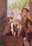  absurdres babjustbabs barrel black_hair blue_hair brick_wall bush cat claude_von_riegan fire_emblem fire_emblem:_three_houses fish garreg_mach_monastery_uniform glasses green_hair highres ignatz_victor marianne_von_edmund open_mouth sidelocks tall_grass 