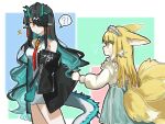  !? 2girls animal_ear_fluff animal_ears aqua_skirt arknights bare_shoulders black_hair black_jacket blonde_hair blunt_ends cardigan chinese_commentary closed_mouth collared_dress colored_inner_hair commentary_request cross-laced_clothes cross-laced_skirt cross-laced_slit dragon_girl dragon_horns dragon_tail dress dusk_(arknights) earrings elbow_gloves feet_out_of_frame flying_sweatdrops fox_ears fox_girl fox_tail gloves green_eyes green_gloves green_hair hair_over_one_eye high-waist_skirt highres horns jacket jewelry kitsune kyuubi long_hair long_sleeves multicolored_hair multiple_girls multiple_tails necktie off_shoulder official_alternate_costume pointy_ears puffy_long_sleeves puffy_sleeves red_necktie short_dress skirt sleeveless sleeveless_dress spoken_interrobang suzuran_(arknights) suzuran_(spring_praise)_(arknights) sweatdrop tail two-tone_hair very_long_hair wavy_mouth white_cardigan white_dress white_hair yu_kaoxiang 