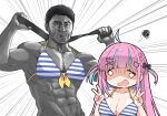  1boy 1girl ahoge bikini blank_eyes blue_eyes braid breasts colored_inner_hair double_v emphasis_lines gigachad_(meme) highres hololive kukie-nyan large_breasts long_hair meme minato_aqua multicolored_hair muscular muscular_male purple_hair squiggle striped striped_bikini swimsuit v virtual_youtuber yagoo 