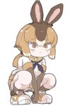  1girl :&lt; absurdres animal_ears brown_eyes brown_hair chibi closed_mouth elbow_gloves eyelashes full_body gloves highres japanese_hare_(kemono_friends) kemono_friends light_brown_hair long_hair low_ponytail microskirt multicolored_hair nenkou-san panties pleated_skirt rabbit_ears shirt shoes short_sleeves simple_background skirt socks solo squatting underwear v_arms white_panties 