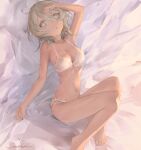  1girl arm_up barefoot bra breasts cleavage commentary foot_out_of_frame green_eyes green_hair highres io_(io_oekaki) knees_up looking_to_the_side lying medium_breasts navel on_back original panties parted_lips short_hair solo underwear underwear_only white_bra white_panties 