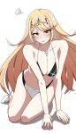  1girl :o absurdres adapted_costume bikini black_bikini blonde_hair blush breasts choker circlet cleavage collarbone core_crystal_(xenoblade) earrings full_body hello_pty highres jewelry large_breasts long_hair looking_at_viewer mismatched_bikini mythra_(radiant_beach)_(xenoblade) mythra_(xenoblade) open_mouth shadow simple_background solo squiggle swept_bangs swimsuit very_long_hair white_background white_bikini white_choker white_footwear xenoblade_chronicles_(series) xenoblade_chronicles_2 yellow_eyes 