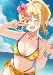  1girl ;d absurdres bikini blonde_hair blue_sky breasts breasts_apart collarbone flower hair_between_eyes hair_flower hair_ornament hands_up heart heart_print hibiscus highleg highleg_bikini highres light_blush long_hair looking_at_viewer love_live! love_live!_nijigasaki_high_school_idol_club medium_breasts miyashita_ai multiple_bracelets navel o-ring o-ring_bikini ocean one_eye_closed onpu_(ghkc2238) open_mouth orange_eyes pink_flower ponytail sarong sky smile solo swimsuit triangle_necklace v v_over_eye yellow_bikini 