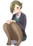  1girl asymmetrical_bangs black_cardigan black_pantyhose blush cardigan folded_ponytail full_body green_eyes green_hair green_skirt green_vest hands_on_own_knees highres idolmaster idolmaster_shiny_colors knees_up looking_at_viewer mebunryo_(mebunryo2) nanakusa_hazuki no_shoes office_lady panties panties_under_pantyhose pantyhose simple_background sitting skirt smile solo swept_bangs underwear vest white_background white_panties 