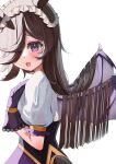  1girl absurdres animal_ears black_gloves blush brown_hair dress fake_wings fang frilled_headwear gloves hair_over_one_eye headdress highres horse_ears horse_girl horse_tail long_hair make_up_in_halloween!_(umamusume) open_mouth puffy_short_sleeves puffy_sleeves purple_eyes rice_shower_(make_up_vampire!)_(umamusume) rice_shower_(umamusume) short_sleeves simple_background smile solo tail tail_through_clothes umamusume upper_body white_background white_dress white_headdress wings yokawa_nagi 