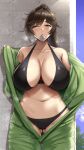  1girl akitsuki_karasu bikini breasts cleavage condom condom_in_mouth dolphin_wave highres large_breasts looking_at_viewer mole mouth_hold navel ponytail solo swimsuit undressing yamaba_yume 