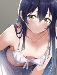  1girl bare_shoulders blue_hair blush borgbutler bra breasts cleavage clothes_removed hair_between_eyes highres long_hair looking_at_viewer love_live! removing_bra shirt_removed simple_background small_breasts solo sonoda_umi underwear undressing white_bra yellow_eyes 