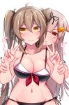  2girls absurdres ahoge artist_name baileys_(tranquillity650) bare_arms bare_legs bare_shoulders bikini black_bikini black_ribbon blonde_hair blush breasts cleavage closed_mouth collarbone hair_flaps hair_ornament hair_ribbon hairclip highres kantai_collection large_breasts light_brown_hair long_hair motion_lines multiple_girls murasame_(kancolle) navel red_eyes ribbon signature simple_background smile swimsuit twintails twitter_username white_background yellow_eyes yuudachi_(kancolle) yuudachi_kai_ni_(kancolle) 