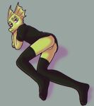  anthro ass_out black_clothing bored_expression butt clothing digital_drawing_(artwork) digital_media_(artwork) ear_fins fin green_body green_eyes green_skin greenboy_(supercell) hi_res humanoid leggings legwear long_snout looking_at_viewer male presenting presenting_hindquarters shirt snout solarlewds solo supercell_(comic) t-shirt topwear 
