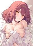  1girl blush breasts brown_hair calm_mashiro closed_mouth collarbone covering covering_breasts hair_between_eyes large_breasts long_sleeves looking_at_viewer lying medium_hair off_shoulder on_back original shirt solo upper_body white_shirt yellow_eyes 