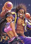  1boy 1girl abs black_hair braid brown_eyes chain dancing dee_jay earbuds earphones fingerless_gloves gloves gold_chain instrument jewelry kimberly_jackson long_hair maracas midriff necklace open_clothes open_shirt pectorals pink_tank_top short_hair street_fighter street_fighter_6 sunglasses tank_top toko_(tokkotoritori) visor_cap 