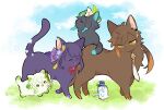  2boys 3girls ahoge all_fours animal animal_ears animal_nose animalization antenna_hair beret black_fur black_hair blue_fur blue_hair blue_headwear blue_sky blush_stickers border bow bowtie braid brown_fur brown_hair cat cat_ears cat_tail closed_eyes closed_mouth cloud cloudy_sky cross-shaped_pupils crystal day earrings eyeshadow fan_hair_ornament flower furina_(genshin_impact) genshin_impact gradient_hair grass green_eyes green_fur green_headwear grey_hair hair_between_eyes hair_flower hair_ornament hand_fan hat hat_flower hat_ornament heart heart_hair_ornament highres jewelry leaf leaf_hair_ornament leaf_hat_ornament light_blue_hair light_green_hair long_hair looking_at_another looking_down makeup mole mole_under_eye mouse mouse_ears mouse_tail multicolored_hair multiple_boys multiple_girls nahida_(genshin_impact) nasuka_gee necktie open_clothes orange_hair outdoors outside_border ponytail purple_flower purple_fur purple_hair raiden_shogun red_bow red_bowtie red_eyeshadow short_hair side_ponytail sidelocks single_earring sitting sky standing symbol-shaped_pupils tail tassel tassel_hair_ornament top_hat twin_braids two-tone_fur venti_(genshin_impact) walking white_border white_flower white_necktie yellow_eyes zhongli_(genshin_impact) 