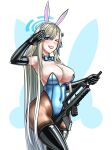  1girl absurdres animal_ears armpits asuna_(blue_archive) blonde_hair blue_archive blue_eyes blush bow bowtie breasts cleavage covered_navel curvy detached_collar elbow_gloves eyelashes gloves gun hair_bow halo highres holding holding_gun holding_weapon large_breasts latex leotard lips long_hair looking_at_viewer machine_gun mole mole_on_breast neso_neso one_eye_closed pantyhose parted_lips playboy_bunny rabbit_ears rabbit_symbol salute simple_background smile sweat very_long_hair weapon white_background 
