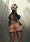  1girl 2b_(nier:automata) artist_name ass ass_focus back back_cutout black_blindfold black_gloves black_hairband black_leotard blindfold breasts brown_thighhighs clothing_cutout covered_eyes dark-skinned_female dark_skin feather-trimmed_sleeves freli from_behind gloves hairband highleg highleg_leotard juliet_sleeves ladder large_breasts leotard lips long_sleeves multicolored_clothes multicolored_gloves multicolored_leotard nier:automata nier_(series) parted_lips patreon_logo patreon_username profile puffy_sleeves shirt short_hair solo standing thighhighs thighs thong_leotard turtleneck two-tone_gloves two-tone_legwear white_gloves white_hair white_leotard 