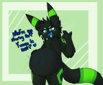  acid_(transtorracat) after_vore ambiguous_gender anthro belly big_belly black_body black_fur blue_eyes blue_mouth dialogue eeveelution fur generation_2_pokemon green_markings male_(lore) markings nintendo pokemon pokemon_(species) solo teasing_viewer transtorracat umbreon vore 