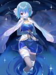  1girl absurdres bandage_over_one_eye bandaged_face bandaged_leg bandages blue_eyes blue_hair bow cloak fortissimo hair_bow hair_ornament highres magical_girl mahou_shoujo_madoka_magica mahou_shoujo_madoka_magica:_walpurgis_no_kaiten miki_sayaka musical_note musical_note_hair_ornament solo wading water white_cloak 