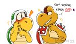  anthro anthro_on_anthro blush duo english_text exclamation_point eye_patch eyewear flirting green_shell intraspecies koopa male male/male mario_bros nintendo poppin red_shell scalie shell simple_background smile spikes text white_background yellow_body 