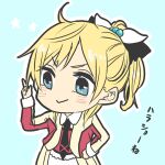  1girl ahoge ayase_eli black_bow black_necktie blonde_hair blue_background blue_eyes blush bow chibi closed_mouth collared_shirt commentary_request cowboy_shot hair_bow hand_on_own_hip index_finger_raised jacket kashikaze long_sleeves love_live! love_live!_school_idol_project medium_hair multicolored_clothes multicolored_jacket necktie outline ponytail red_jacket shirt smile solo translation_request two-tone_jacket white_outline white_shirt 