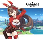  1girl ;d amber_(genshin_impact) black_shorts bow bow_hairband breasts brown_eyes brown_hair cleavage copyright_name cowboy_shot floating_hair genshin_impact gloves goggles goggles_on_head hair_between_eyes hair_bow hairband highres leaning_forward long_hair long_sleeves looking_at_viewer maxwelzy medium_breasts one_eye_closed red_bow red_gloves red_hairband red_thighhighs short_shorts shorts shrug_(clothing) smile solo standing thigh_gap thighhighs very_long_hair 