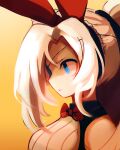 1girl absurdres animal_ears bare_shoulders blonde_hair blue_eyes bow bowtie braid breasts closed_mouth dungeon_and_fighter eyepatch fake_animal_ears from_side hair_ribbon hairband highres hwaryeok kalbarri_(dungeon_and_fighter) large_breasts long_hair medium_breasts orange_background ponytail portrait profile rabbit_ears red_bow red_bowtie ribbon shaded_face shirt sidelocks simple_background sleeveless solo upper_body white_hair yellow_background 