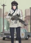  1girl assault_rifle black_gloves black_hair black_headwear black_pants blurry blurry_background brown_gloves building car car-15 chevrolet_caprice cityscape commentary english_commentary girls&#039;_frontline gloves green_hair ground_vehicle gun hat highres holding holding_gun holding_weapon jacket long_hair long_sleeves m4a1_(girls&#039;_frontline) motor_vehicle multicolored_hair outdoors pants parabellum police_car revision rifle scope solo standing streaked_hair sunglasses utility_pole weapon white_jacket 
