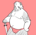  2023 anthro bear_2key belly big_belly bulge canid canine clothing hi_res humanoid_hands kemono male mammal moobs navel nipples overweight overweight_male raccoon_dog red_background simple_background solo tanuki underwear weapon 