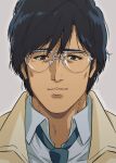  1boy absurdres black_hair blue_necktie brown_coat brown_eyes city_hunter closed_mouth coat collared_shirt grey_background hideyuki_makimura highres looking_at_viewer male_focus necktie portrait semi-rimless_eyewear shirt short_hair simple_background solo straight-on white_shirt yuu_(masarunomori) 