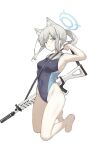  1girl animal_ear_fluff animal_ears armpits assault_rifle barefoot blue_archive blue_eyes breasts competition_swimsuit covered_navel cross_hair_ornament full_body grey_hair gun hair_ornament halo highres kneeling long_hair medium_breasts mismatched_pupils official_alternate_costume one-piece_swimsuit ponytail rifle seallllion shiroko_(blue_archive) shiroko_(swimsuit)_(blue_archive) sig_556 simple_background solo swimsuit weapon wolf_ears 
