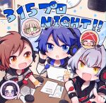  6+boys asjg black_wristband blue_eyes blue_hair brown_hair chibi enjoji_michiru green_eyes grey_hair hair_between_eyes headphones highres himeno_kanon idolmaster idolmaster_side-m kizaki_ren light_blush male_child male_focus mofumofuen_(idolmaster) multiple_boys okamura_nao open_mouth purple_eyes short_sleeves tachibana_shiro_(idolmaster) taiga_takeru the_kogado_(idolmaster) wristband yellow_wristband 