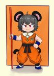  1girl absurdres ahoge animal_ear_fluff animal_ears belt black_belt blue_footwear blush closed_mouth commentary_request cookie_(touhou) cosplay dougi dragon_ball dragon_ball_(classic) fingernails full_body grey_hair highres holding holding_staff jewelry looking_at_viewer mouse_ears mouse_girl mouse_tail nazrin nyoibo nyon_(cookie) pendant red_eyes shoes short_hair smile solo son_goku son_goku_(cosplay) staff standing tail tatamaru5382 touhou v-shaped_eyebrows wristband 