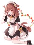  1girl animal_ears apron between_legs black_dress black_footwear bow breasts brown_hair cat_ears cat_girl cat_tail commentary_request commission dress english_text flower food frilled_apron frills fruit fukunoki_tokuwa hair_between_eyes hand_between_legs hand_up highres looking_at_viewer maid medium_breasts open_mouth original puffy_short_sleeves puffy_sleeves red_eyes shoes short_sleeves simple_background sitting skeb_commission solo strawberry tail watermark white_apron white_background white_flower wrist_cuffs yellow_bow yokozuwari 