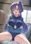  1girl blue_archive blue_buruma blue_jacket blue_shirt blush breasts buruma cameltoe crotch fang_qiao half_updo halo highres id_card jacket lanyard large_breasts long_hair long_sleeves looking_at_viewer off_shoulder open_mouth partially_unzipped ponytail purple_eyes purple_hair shirt short_sleeves sidelocks sitting solo spread_legs star_sticker sticker_on_face thighs track_jacket yuuka_(blue_archive) yuuka_(track)_(blue_archive) 